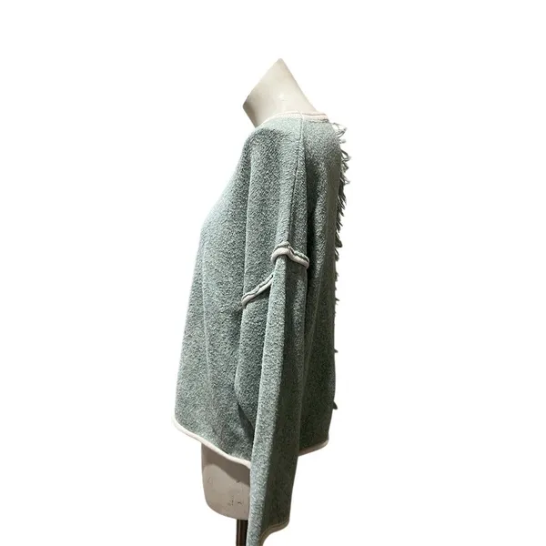 Womens Sweater Size M Sage Green Textured Knit Boat Neck Fringe Long - Image 6
