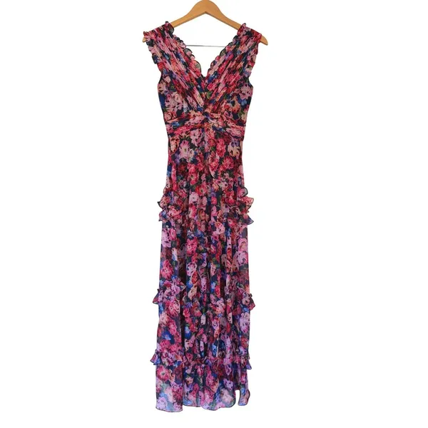 AQUA Formal Floral Ruffle Maxi Dress Pink Blue V-Neck‎ Sleeveless Size 0 NEW - Image 3