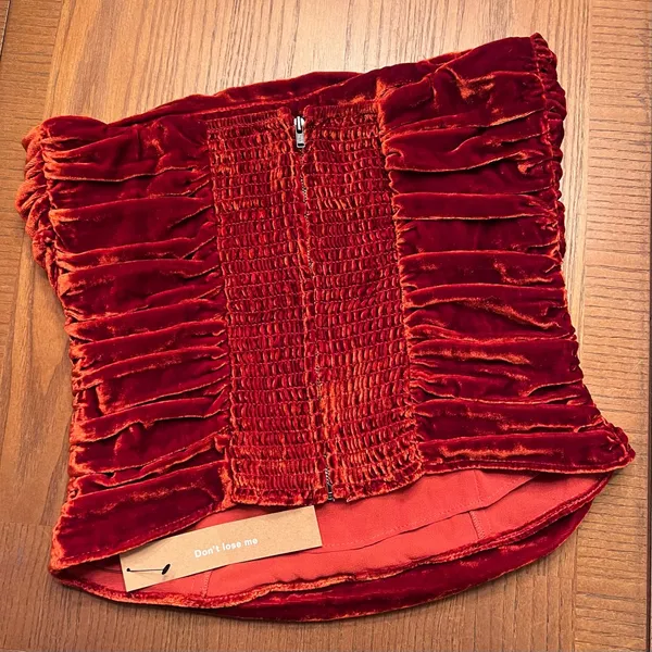 Reformation Addie Ruched Smocked Strapless Velvet Top in Blood Orange Size 4‎ - Image 13