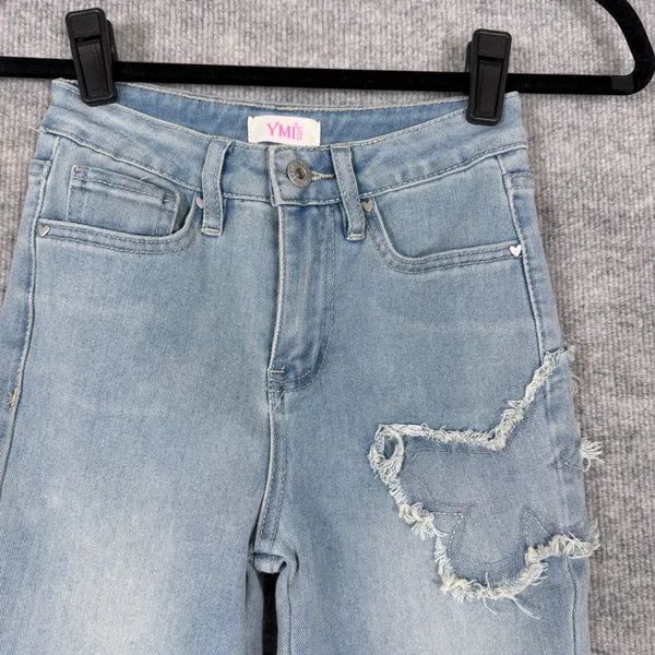 YMI Size-8 Girl Light Wash Butterfly Patchwork Flare Leg Jeans Distressed Frayed - Image 7