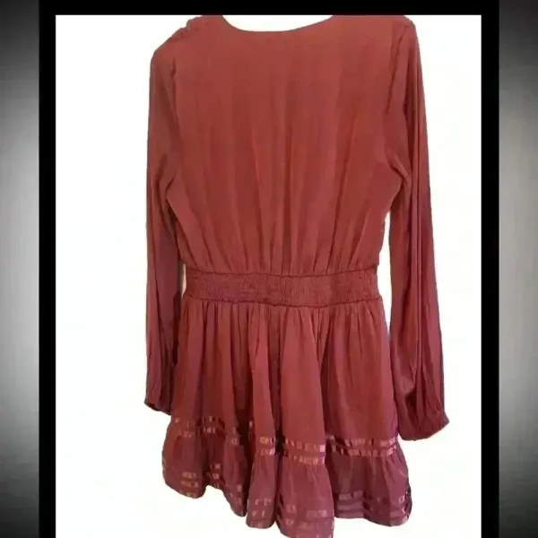 Mustard Seed Size Medium Burgundy Long Sleeve V-Neck Mini Party‎ Dress - Image 6