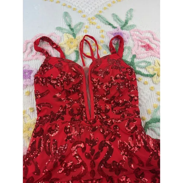 Pomuyoo Red Sequin Lace Up Back Mini Dress Party Cocktail Formal Gown 5y - Image 6