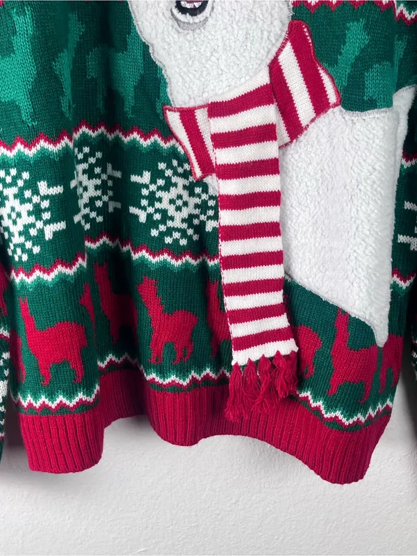 33 DEGREES Llama Scarf Pom Pom Hat Graphic Unisex Christmas Sweater Size Large - Image 7
