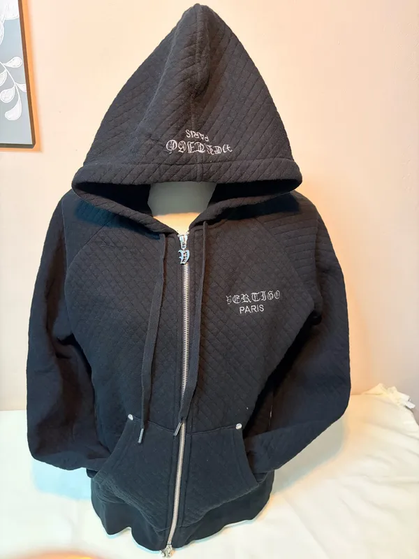 Vertigo Paris Women’s XL Black Quilted Gothic Zip Up Hoodie Jacket Embroidered - Image 5
