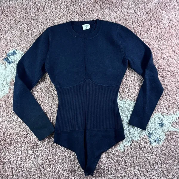 Abercrombie & Fitch Ribbed Knit Thong Bodysuit Long Sleeve Women's Size M Black - Image 3