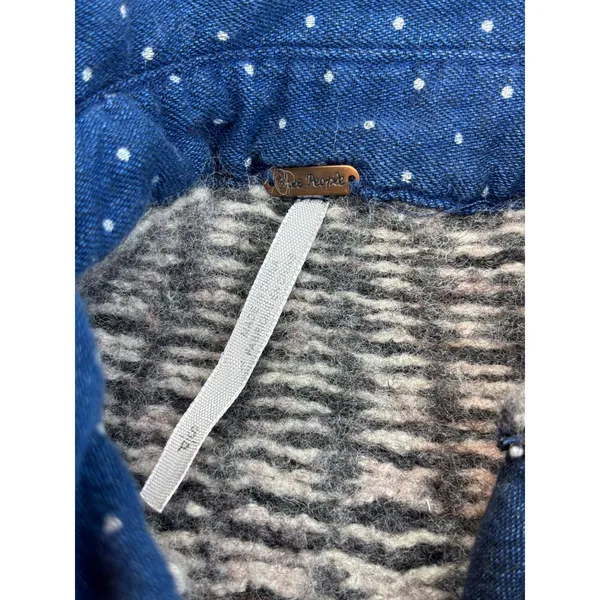 Free People Polka Dot Denim Button Down Shirt Fair Isle Knit Yoke Blue western - Image 5