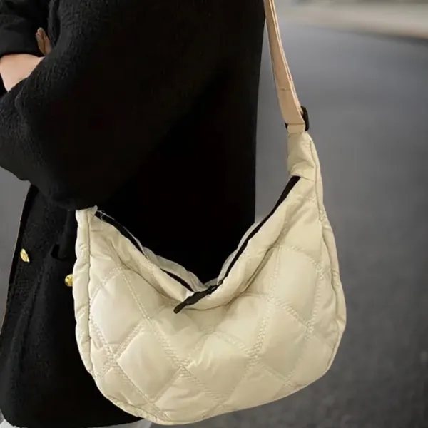 Quilted Nylon Crossbody Hobo Bag in Cream - Image 3