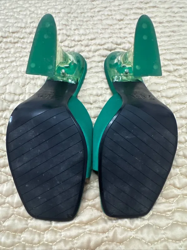 Zara Women’s Green Satin Strap Slides Square Front Chunky Block Acrylic Heel 39 - Image 12