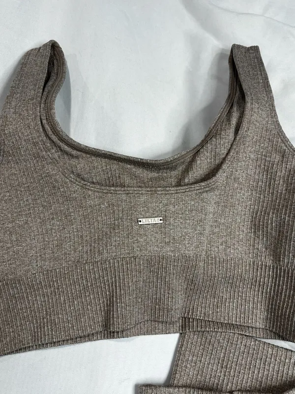 Lilias Active Ribbed Knit Sports Bra and 7/8 Leggings Set Taupe - Image 6
