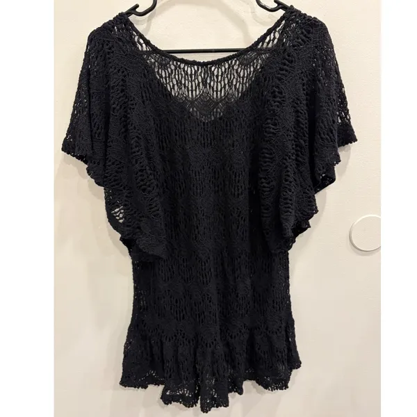Eberjey Black Crochet Knit Ruffle Hem Swim Cover Up Tunic‎ S/M Boho Resort Wear - Image 2
