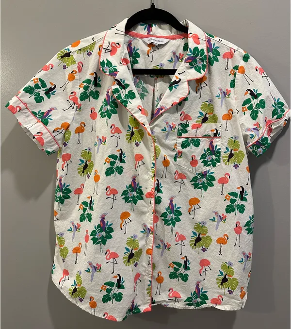 The Company Store Printed Cotton Poplin Button-Up Polo Flamingo Bird Print Pajama Top - Image 2