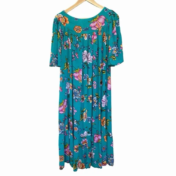 Bechamel Floral Maxi House Dress S Turquoise Pink Boho Cottagecore Artisan Folk - Image 6