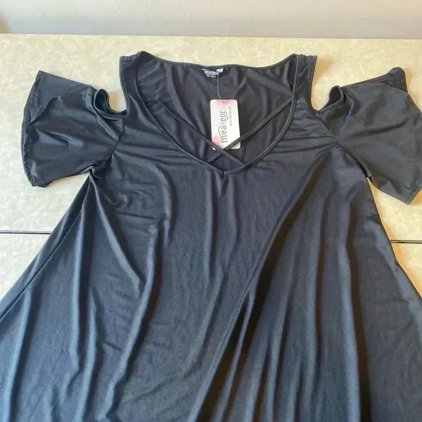 Stretchy Black Cold Shoulder Criss Cross V-Neck Mini‎ Swing Dress NWT - Image 9
