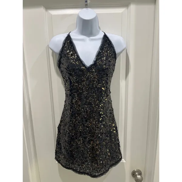 NBD x Revolve Sloan Metallic Black & Gold Sequins Spaghetti Strap Mini Dress M - Image 2