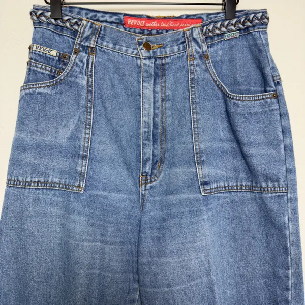 VTG‎ 90s Revolt Women Jeans Blue Bareback Braided Waist Wide Leg Carpenter Retro - Image 2