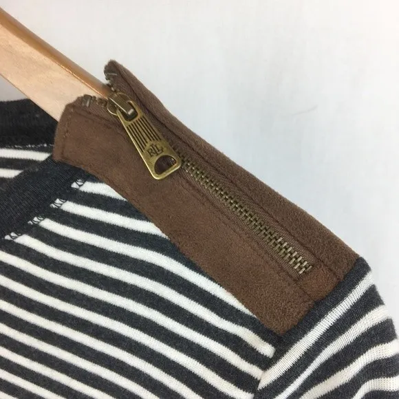Lauren RL Black & White Striped Leather Elbow Patch Long Sleeve Tee L - Image 6