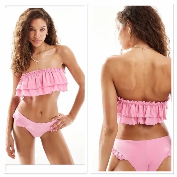Monki Ruffle Frills Bandeau Bikini Top in Pink - Size M (NWT) - Image 2