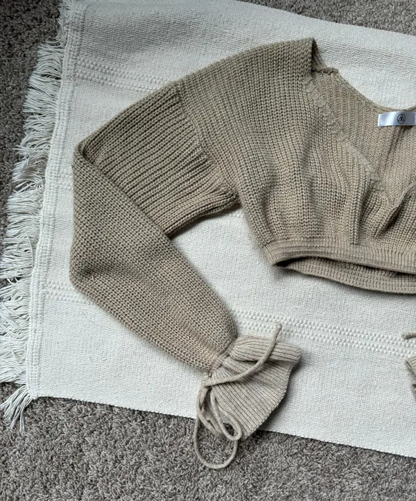 Tan Knit Puff Ruffle Sleeve Bow Tie Cropped Long Sleeve Sweater Top - Image 4