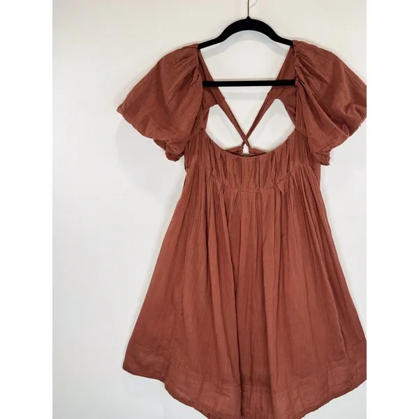 Free People Women Dress Brown Marina Mini Puffed Tie Back A Line Boho Chic Small - Image 5