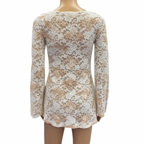 T Party Floral Lace Sheer Long Sleeve Tunic Top Womens Small - Image 5