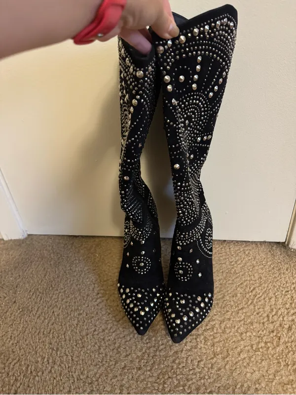 Olivia Miller Black Faux Suede Studded Knee High Stiletto Boots Size 7 - Image 3