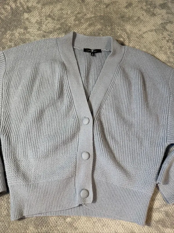 7 For All Mankind Small Light Blue Gray Chunky Knit V Neck Cardigan Sweater Soft - Image 3