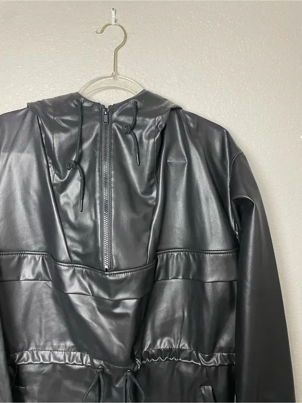 H&M Divided Oversized Black Faux Leather Hooded Anorak Utility Jacket Size L - Image 2