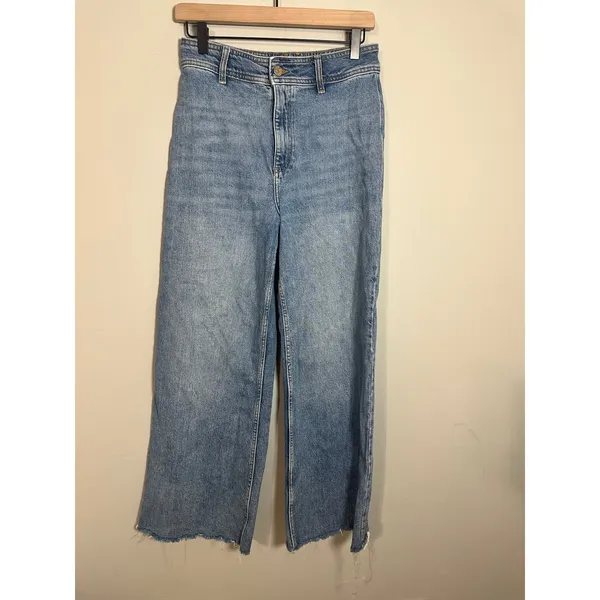 MNG Mango Catherine Culotte High Rise Wide Leg Raw Hem Jeans Blue Size 6 - Image 4