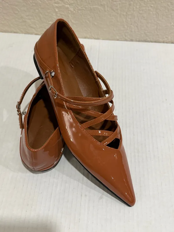 Women’s Pointed Toe Mary Jane Flats Brown Patent Crisscross Strappy Size 41 - Image 8