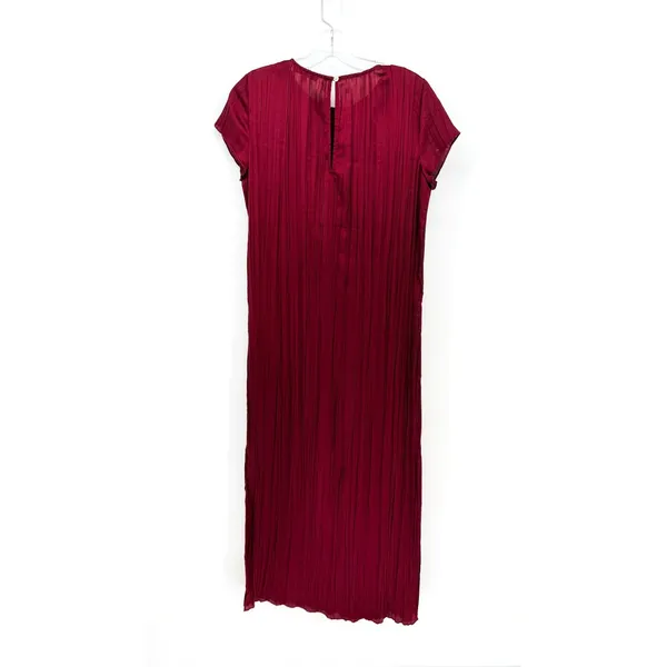 Madewell Short Sleeve Slip Midi Dress Women S Burgundy Plisse Minimalist Holiday - Image 10