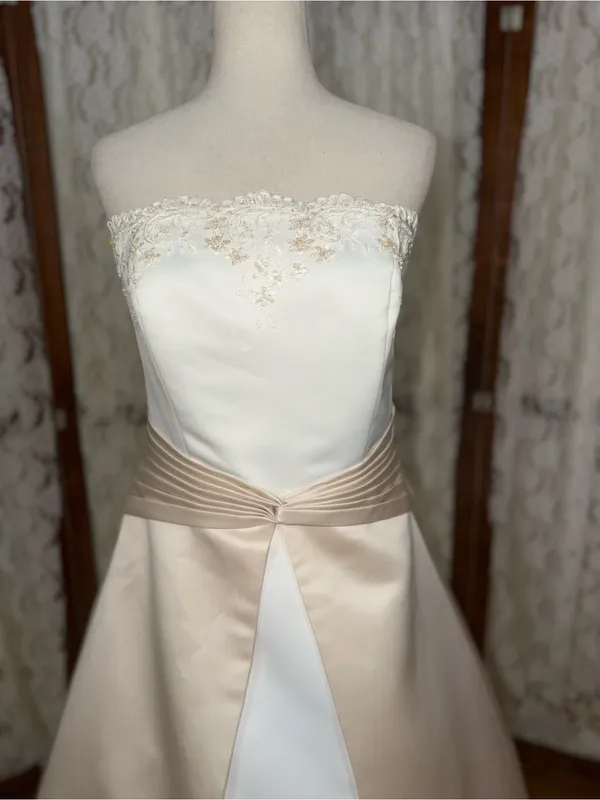 Beautiful Vintage 90s Michaelangelo Strapless Two-Tone Satin Wedding Gown - Image 2
