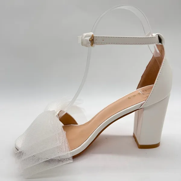Allegra K Sandal Heels Womens 6.5 White Bow Ankle Strap Block Heel Party Wedding - Image 2