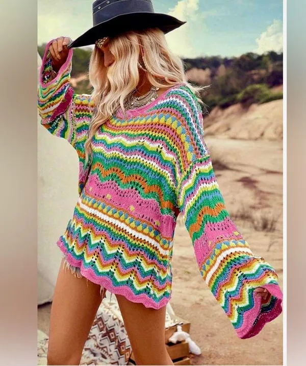 Ecosunny Women's Sweaters Long Sleeve Crew Neck Color Block Striped Hollow - Image 3