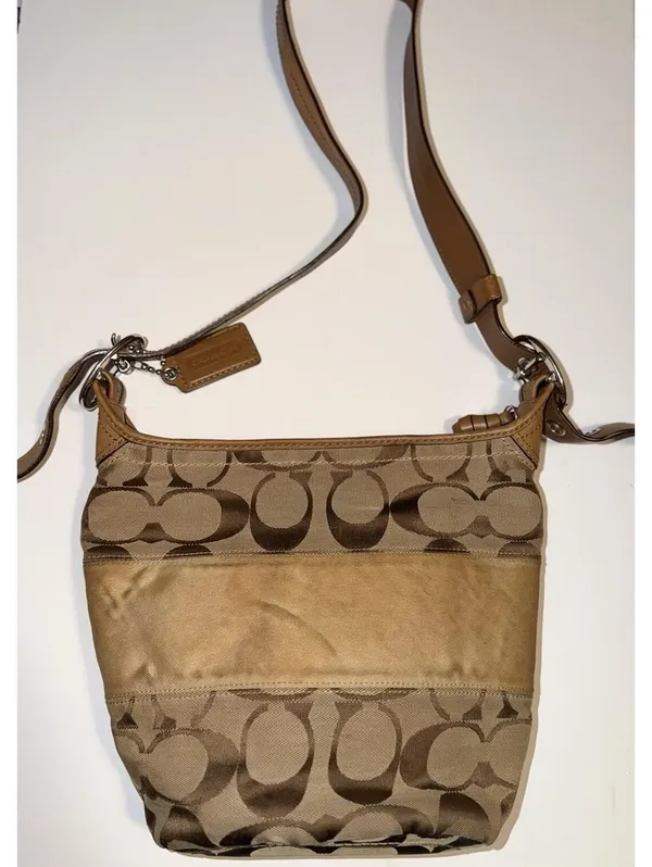 Coach Canvas Leather Tan Signature Shoulder Bag Handbag Purse medium - Image 2