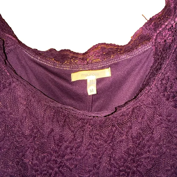Maroon Floral Lace Sheath Dress Short Sleeve Scalloped Lined Knee Length Medium - Image 2