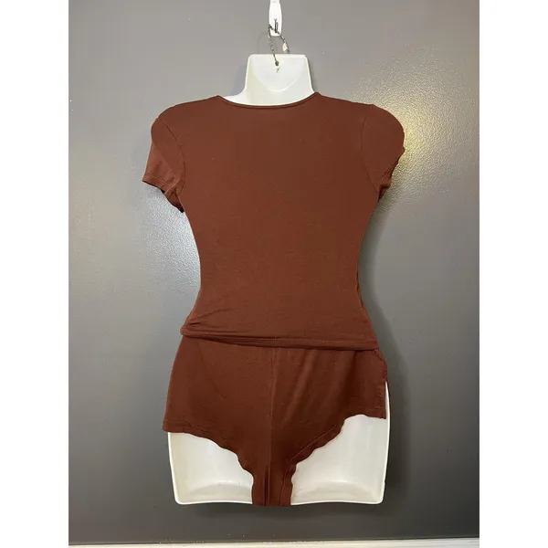 Out From Under Pajama Set Womens XXS Brown Jersey Button Front Top Shorts Lounge - Image 5