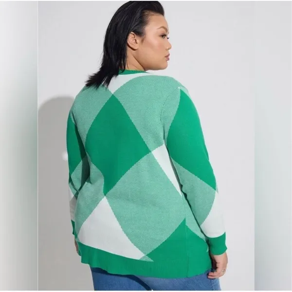 Torrid Cardigan Open Front Sweater Green White Checkered Print Sz 0 (L)‎ - Image 2