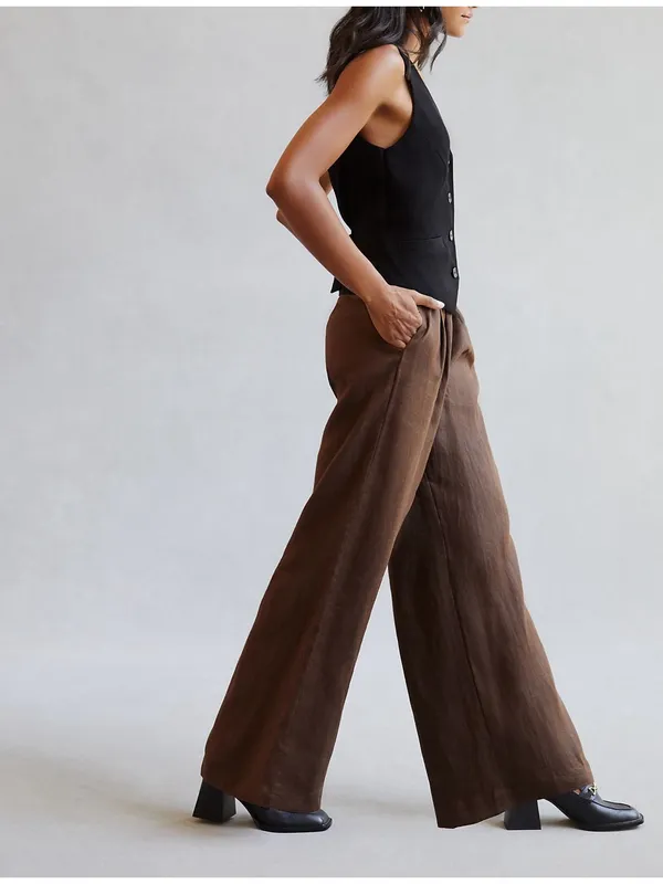 Anthropologie SOVERE Instance Linen Pants in brown wide leg size small - Image 2