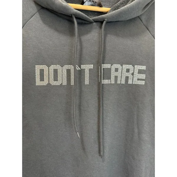 Cider “DON’T CARE” Rhinestone Hoodie – Dark Gray – Size XL (Oversized) - Image 4