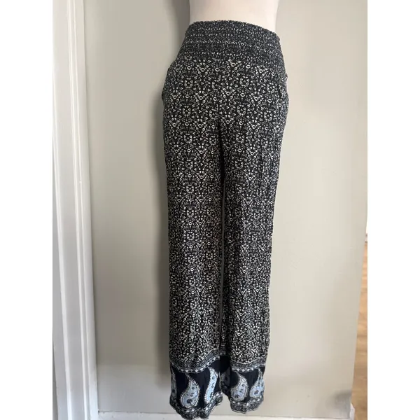 American Eagle black blue white XS Paisley Floral‎ Smocked Waist Pant boho Y2K - Image 2