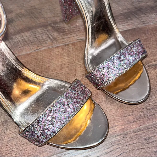 Rose Gold Glitter Strappy Block Heels Pink Size 8 - Image 6