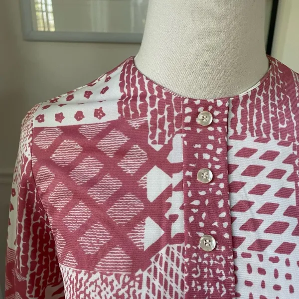 Vintage 70s Mauve Pink White Retro Print Shift Dress Scarf XS S - Image 4
