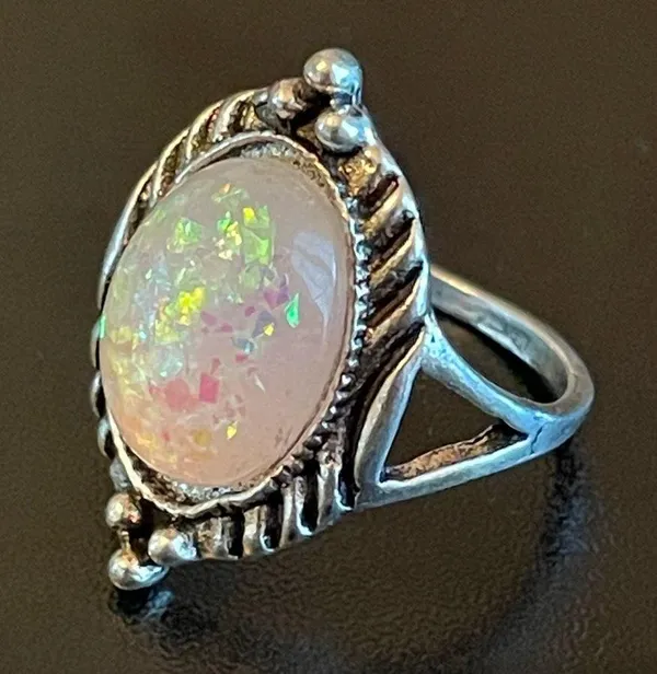 Oval simulated opal silver plated ring size 5.25 - Image 3