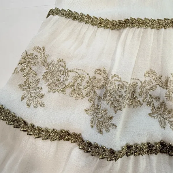 Hale Bob White Gold Embroidered Boho V Neck Tiered Gauze Taliah Dress MEDIUM - Image 10
