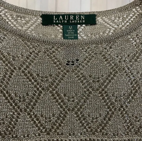 Lauren Ralph Lauren Women's Metallic Gold Long Sleeve Open Knit Pullover Sweater - Image 3