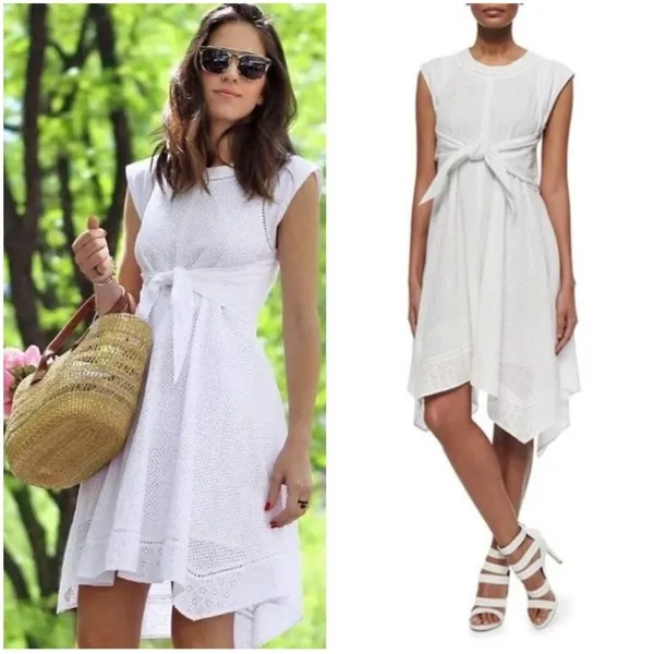 Rebecca Taylor Dress Women‎ 2 White Netted Eyelet Tie Waist Cap Sleeve Midi Boho - Image 2