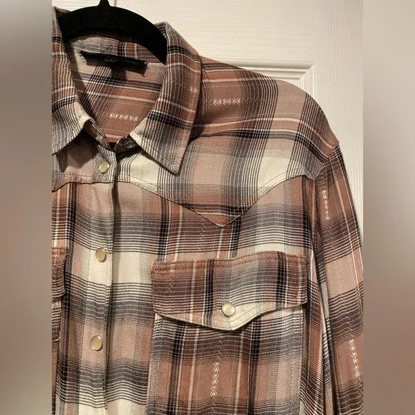 Jane & Delancey Size S Brown Plaid Flannel Western Pearl Snap Front Shirt - Image 2
