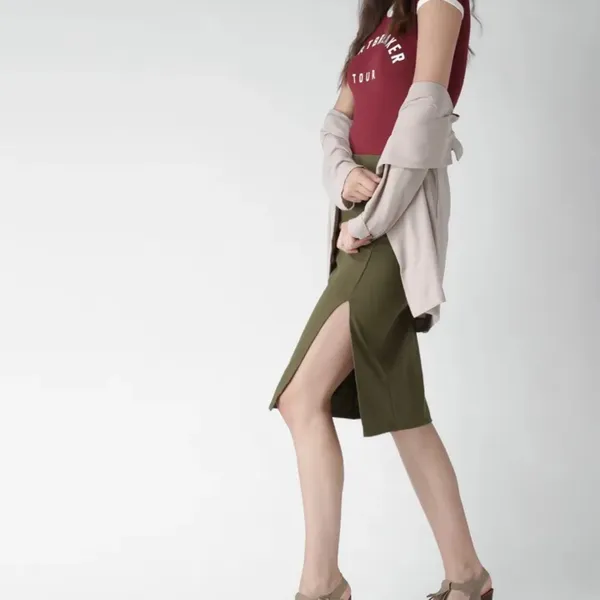 Forever 21 Womens S Midi Pencil Skirt Olive Green Stretch Side Slit - Image 4