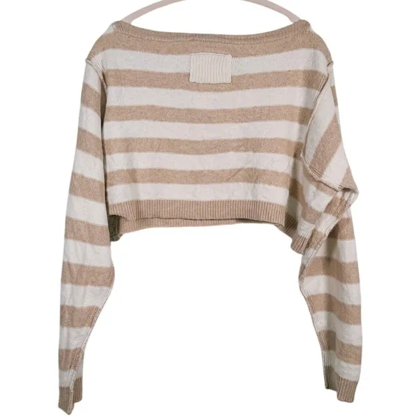 We The Free Into The Blue Striped Sweater Crop Small Tan Cream Granola Cozy Fall - Image 3