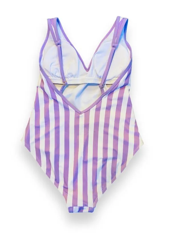 Kona Sol Purple and White Striped One Piece Swimsuit Size L Stretchy V Cut - Image 3